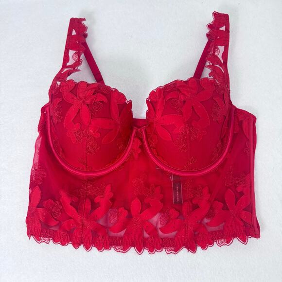 Victoria’s Secret Lace Longline Bustier Bra 36C  Red Floral Embroidered Lingerie - Picture 1 of 7